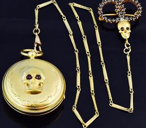 Stunning antique French MEMENTO MORI Verge Fusee gild silver watch&Brooch chain