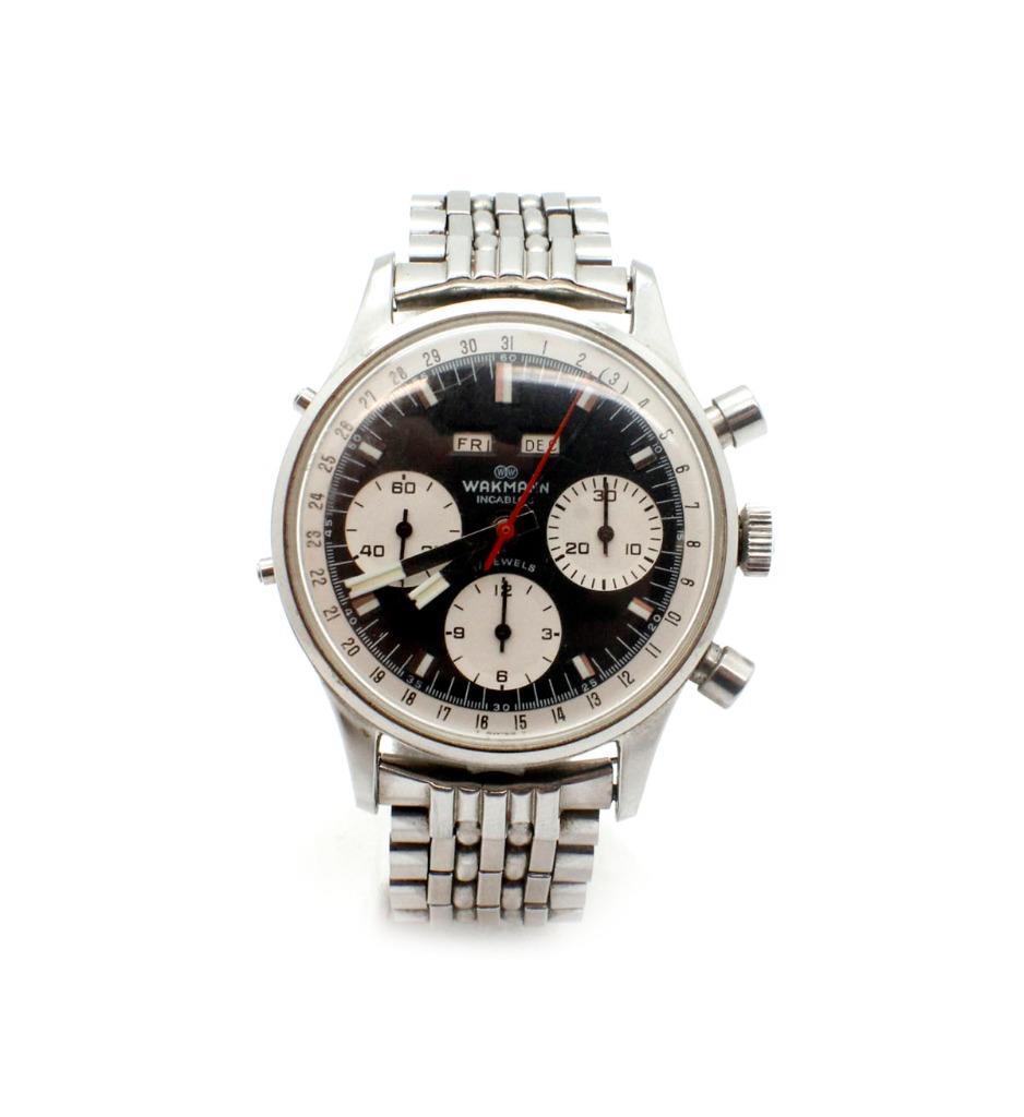 Vintage ‘70s Stainless Steel Wakmann Chronograph Triple Date Watch