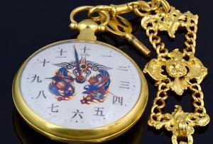 MUSEUM historic Chinese Qing Dynasty Bovet Duplex Gild Dragon pocket watch&fob
