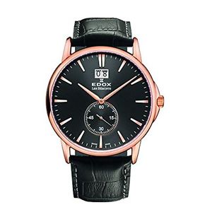 Edox 64012 37R NIR Mens Black Dial Analog Quartz Watch with Leather Strap