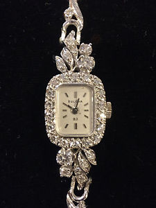 BULOVA 14K Luxury Vintage White Gold & Diamond Wind-Up Ladies Watch