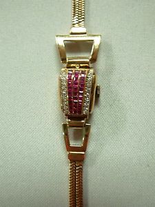 VINTAGE ART DECO 14K YELLOW GOLD DIAMOND & RUBY LADIES FLIP TOP BRACELET WATCH