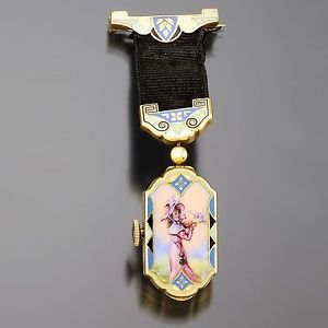 Hoffman Watch Co. 14K Yellow Gold Ladies Enamel Pocket Watch