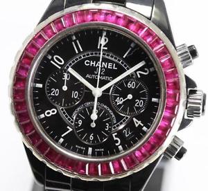 Free Shipping Pre-owned Chanel J12 Black Ceramic Chronograph After Pink Sapphire