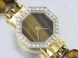 DeLaneau 18 K Yellow Gold Ladies Watch with Tiger Eye Stone dial & Diamond Bezel