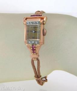 Vintage Ollendorff Rose Gold .25ct Genuine Diamond and Ruby Ladies Wrist Watch