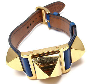 HERMES Medor Blue Leather Gold H