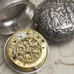 Antique 1700 CALENDAR REPOUSSE Pair Case CHAMPLEVE DIAL VERGE FUSEE POCKET WATCH
