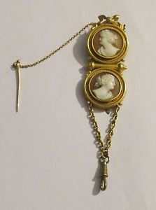 ANTIQUE VICTORIAN 18K YELLOW GOLD CAMEO LEFT RIGHT FACING CHATELAINE PIN DANGLE