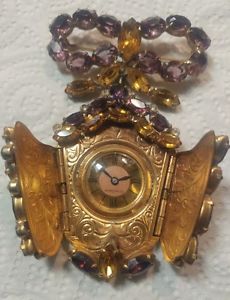 Rare Unique Antique Otto Grun Ladies Rhinestone Lapel Pendent Brooch Watch