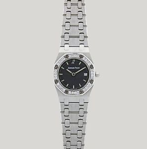 Audemars Piguet Royal Oak 26mm Quartz Black Waffle Dial Ladies Diamond Bezel