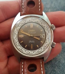 VINTAGE WATCH DIVER DUWARD CONTINUAL AQUASTAR SUPERCOMPRESSOR 200 M WORLD TIME