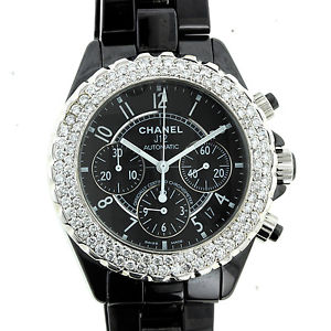 Ladies Chanel J12 Chronograph Black Ceramic Watch W/ Diamond Bezel H0940