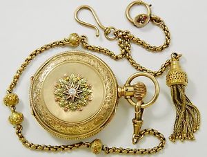 Antique Elgin Diamond Solid 14K Gold Multicolor Hunter Pocket Watch & Chain