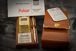 Solid 18k 750 Gold PULSAR LED LCD Calculator Digital Watch w/ Box, Pen & Papers