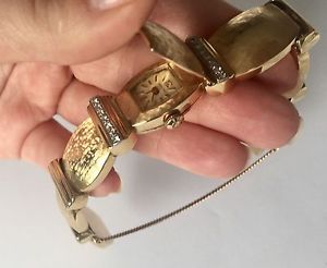 Vintage Rare Hamilton 14K Gold And Diamonds Ladies Hidden Watch Bracelet