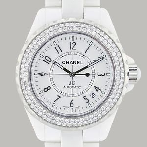 Chanel J12 Diamond White Ceramic 33mm Ladies White Dial Diamond Bezel Date
