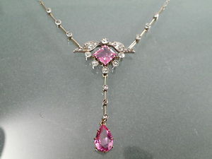 BEAUTIFUL ANTIQUE EDWARDIAN GOLD DIAMOND PINK TOURMALINE PENDANT NECKLACE