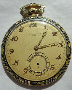 18K GOLD & CHAMPLEVE ART DECO POCKET WATCH M A PLOJOUX GENEVA GOLD FACE 12H 1880