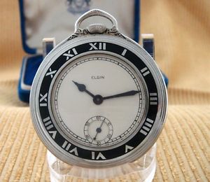 BEAUTIFUL Men's Deco Era Elgin Gentlemen's Pocket Watch w/Enamel Bezel -SERVICED