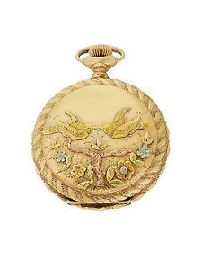 Elgin 14k Multi-color Gold Hunter Case Pocket Watch with Lovebirds Design