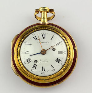 Heavy Honoré Lieutau Pair case pocket watch verge alarm 1780 Enamel Antique