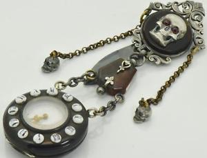 MUSEUM antique French Skull Memento Mori Faux Tortoise shell Chatelaine watch