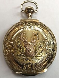 Elgin 16 Size 14K Solid Gold Multicolor Stag - Deer Pocket Watch RARE CONDITION!