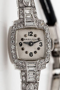 Vintage $5000 Hamilton 2ct VS G Baguette Marquis Diamond Platinum Ladies Watch