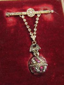 STUNNING ANTIQUE RUSSIAN 18K GOLD DIAMOND & RUBY FOB WATCH BROOCH c1910 BOXED