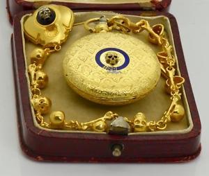 Victorian Skull Memento Mori 18k gold&enamel pocket watch&Skulls&bones chain fob