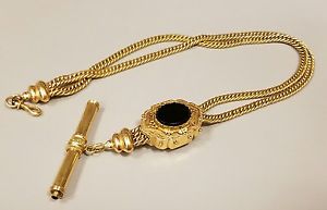 Antique 14K Solid Yellow Gold Slide Onyx Pocket Watch Chain. 28 Grams 12.5"
