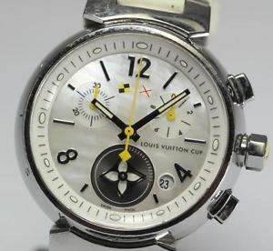 Louis Vuitton Q132C QZ Watch White Band Tambour Lovely Cup Used