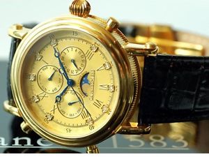 Calvaneo "ESTEMIA GOLD" Diamonds inlay calendar moon phase, Ronda 706 Timepiece