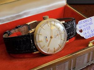 Vintage 1958 Benrus 14K Gold Engraved 17 Jewels Mens Watch w/ 16mm Leather Band!