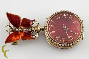 Gorgeous 14k Yellow Gold JG Lady Racine Pocket Watch w/ Enamel Guilloche Dial