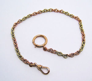Vintage 14k Green/Yellow Gold Pocket Watch Chain 12 3/4 Inches