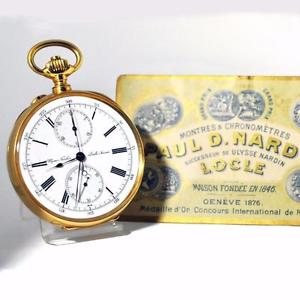 RARE MINT ULYSSE NARDIN CHRONOGRAPH 18K SOLID GOLD POCKET WATCH BOX & PAPERS