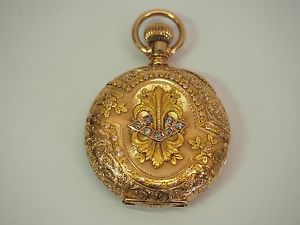 1888 HAMPDEN 14K GOLD LADIES POCKET WATCH IN BEAUTIFUL CASE w/ 7 DIAMONDS 15J 6S
