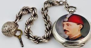 RARE Antique silver&enamel Ottoman Pasha officer award watch&fob.Sultan Murad V