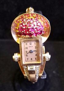 Vintage 14 Karat Pink Gold 1940's Retro Ruby & Diamond Watch Rare Jewelry