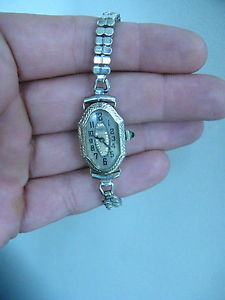 VINTAGE ART DECO BULOVA 14K WHITE GOLD FILLED WRIST WATCH SAPPHIRE