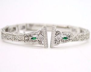 14 KARAT WHITE GOLD ANTIQUE WATCH BAND BRACELET WITH EMERALDS AND DIAMONDS 5.5