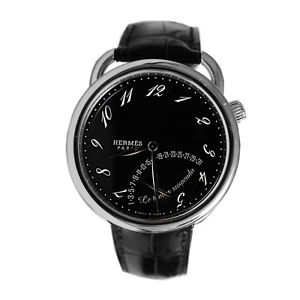HERMES TIME PAUSE AR8.910.330/MNO GENTS BLACK LEATHER 43MM DATE WATCH