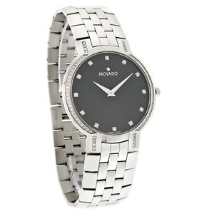 Movado Faceto Diamond Mens Black Dial Swiss Quartz Dress Watch 0605585