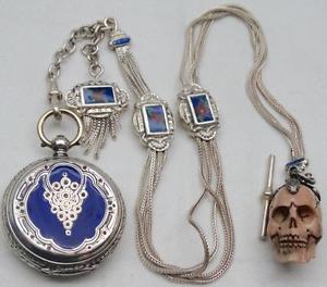 MUSEUM antique Victorian Silver&Enamel pocket watch&Memento Mori Skull chain fob