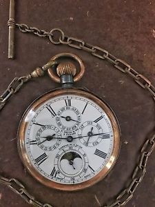 Vintage Moonphase Triple Calendar S. Smith & Son 50mm Gun Metal Case with Chain