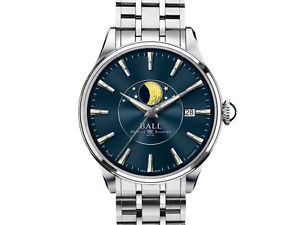 Ball Trainmaster Moon Phase Automatic Watch, Ball RR1801, Blue, Steel bracelet