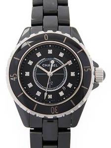 CHANEL Women's Watch J12 Black ceramic 33 mm 12 diamond H1625
