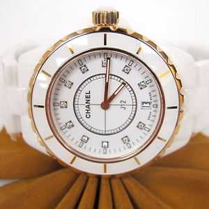 Chanel J12 White Ceramic 18k Rose Gold Bezel Diamond Dial Women`s Watch 38MM